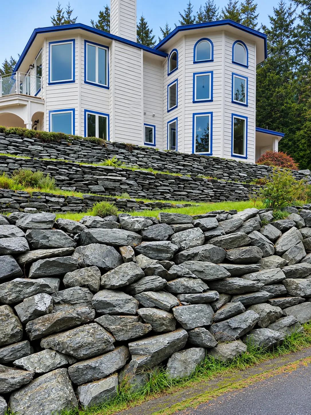 A terraced rip-rap stone wall protecting a steep slope below a hillside home.