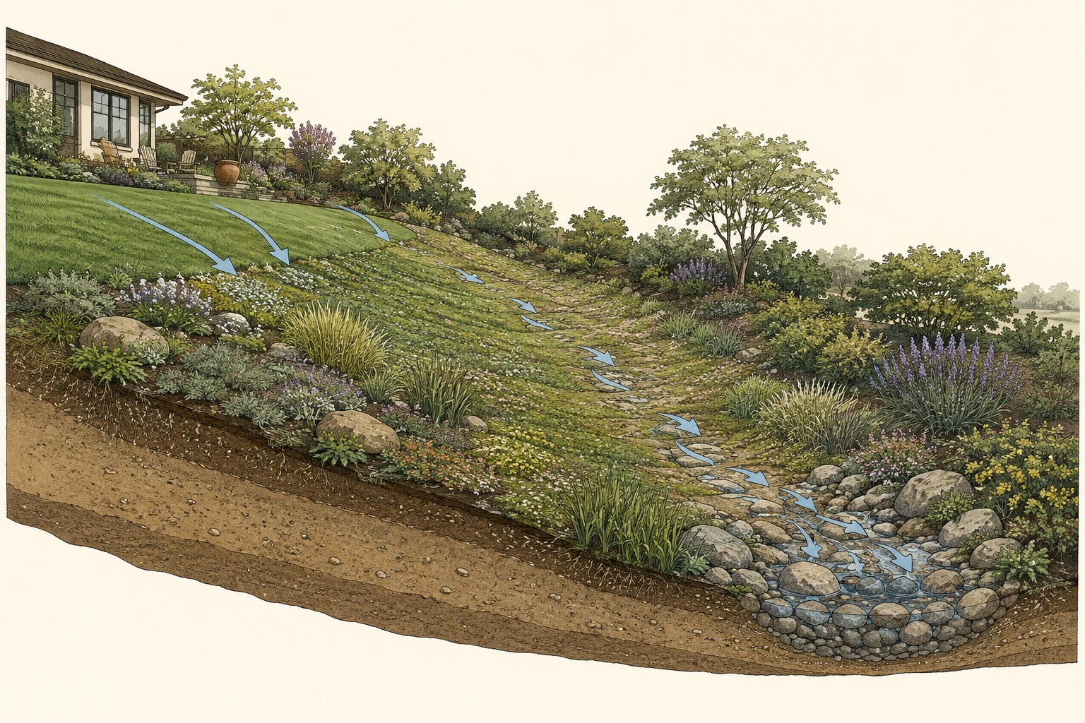 Illustration of a planted slope where a shaped grassy swale gathers runoff and carries it downhill into a rock-lined channel
