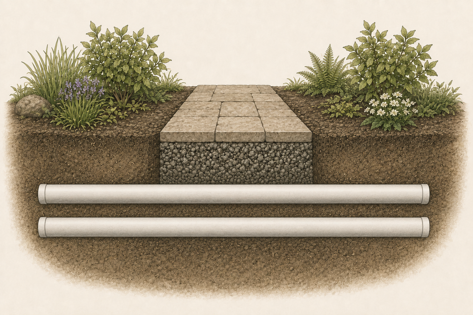 Technical cutaway showing irrigation and utility sleeves installed beneath permanent hardscape for future service access.