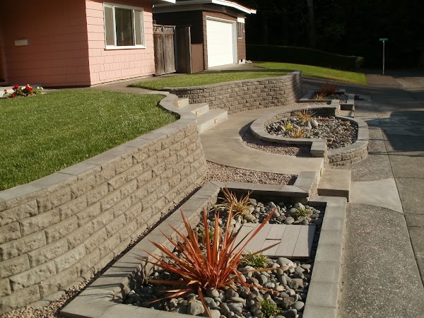 Structured front landscape with clean geometry, capped planters, and easy-care planting