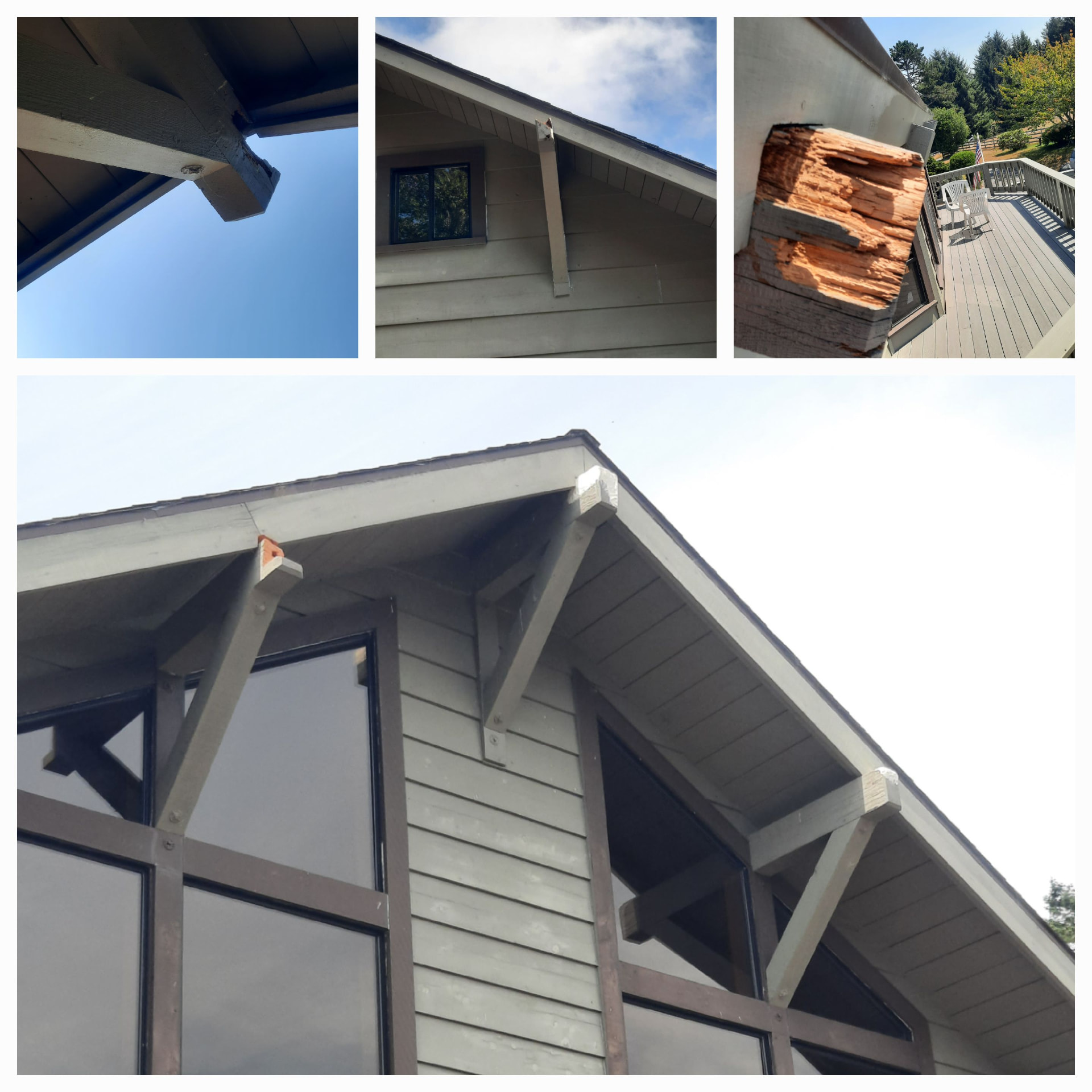 Collage of weathered architectural roof beams and exposed deterioration before repair.