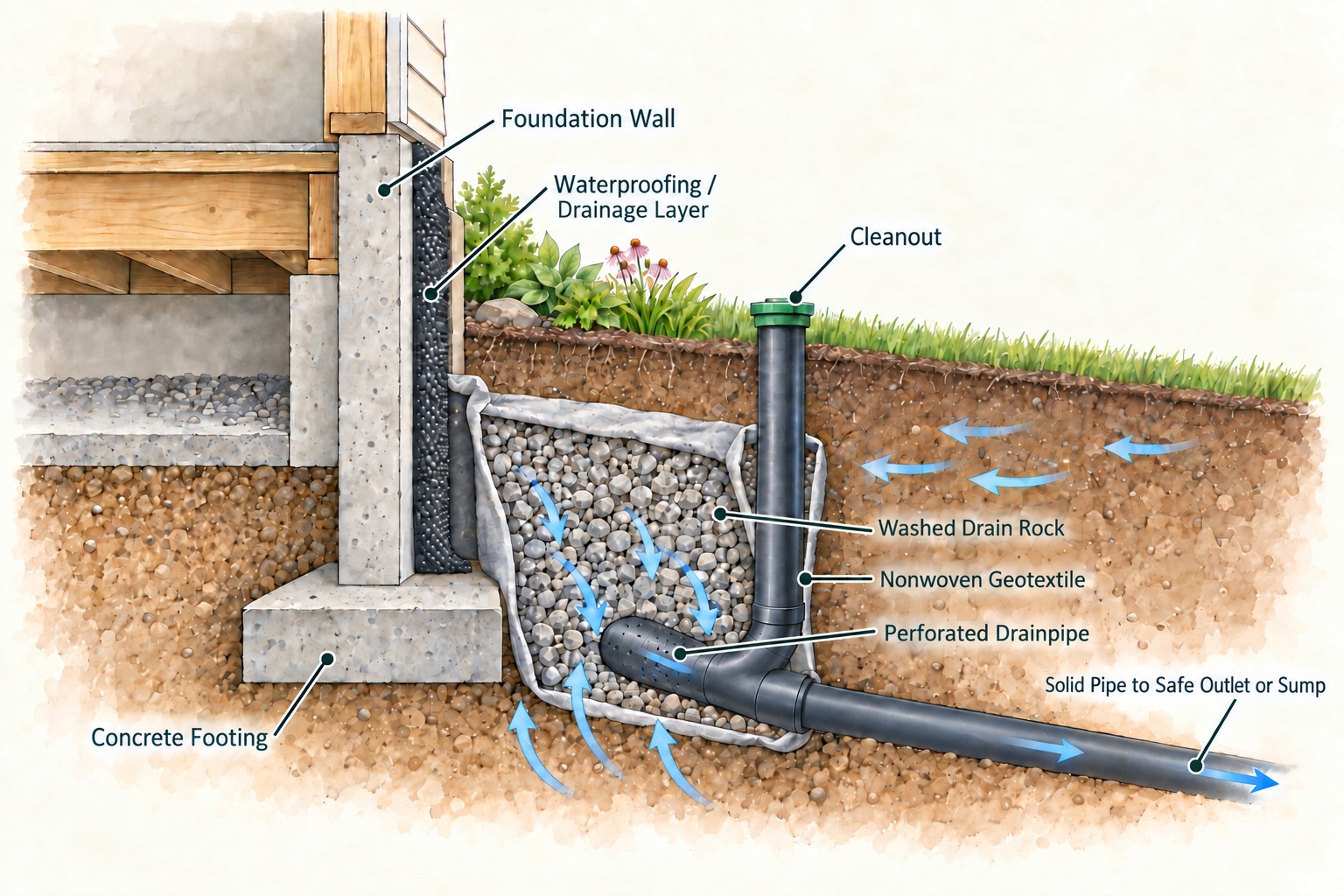 Cutaway illustration of a foundation wall with waterproofing layer, geotextile-wrapped washed drain rock, perforated drainpipe, cleanout, and solid pipe to an outlet, with arrows showing water entering from the side and from below