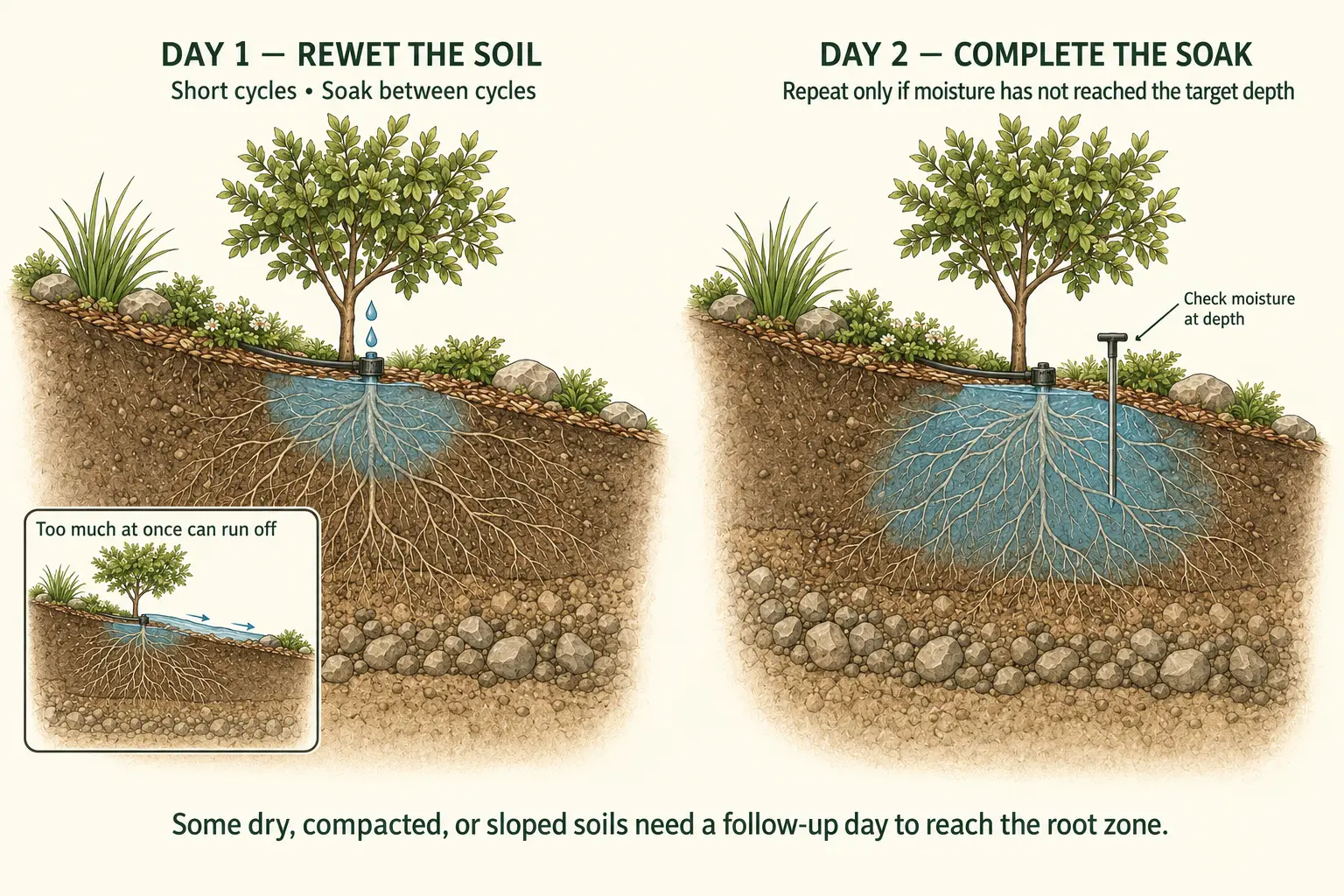 Soil cutaway showing short irrigation cycles rewetting dry soil on Day 1 and a conditional Day 2 follow-up reaching the active root zone.