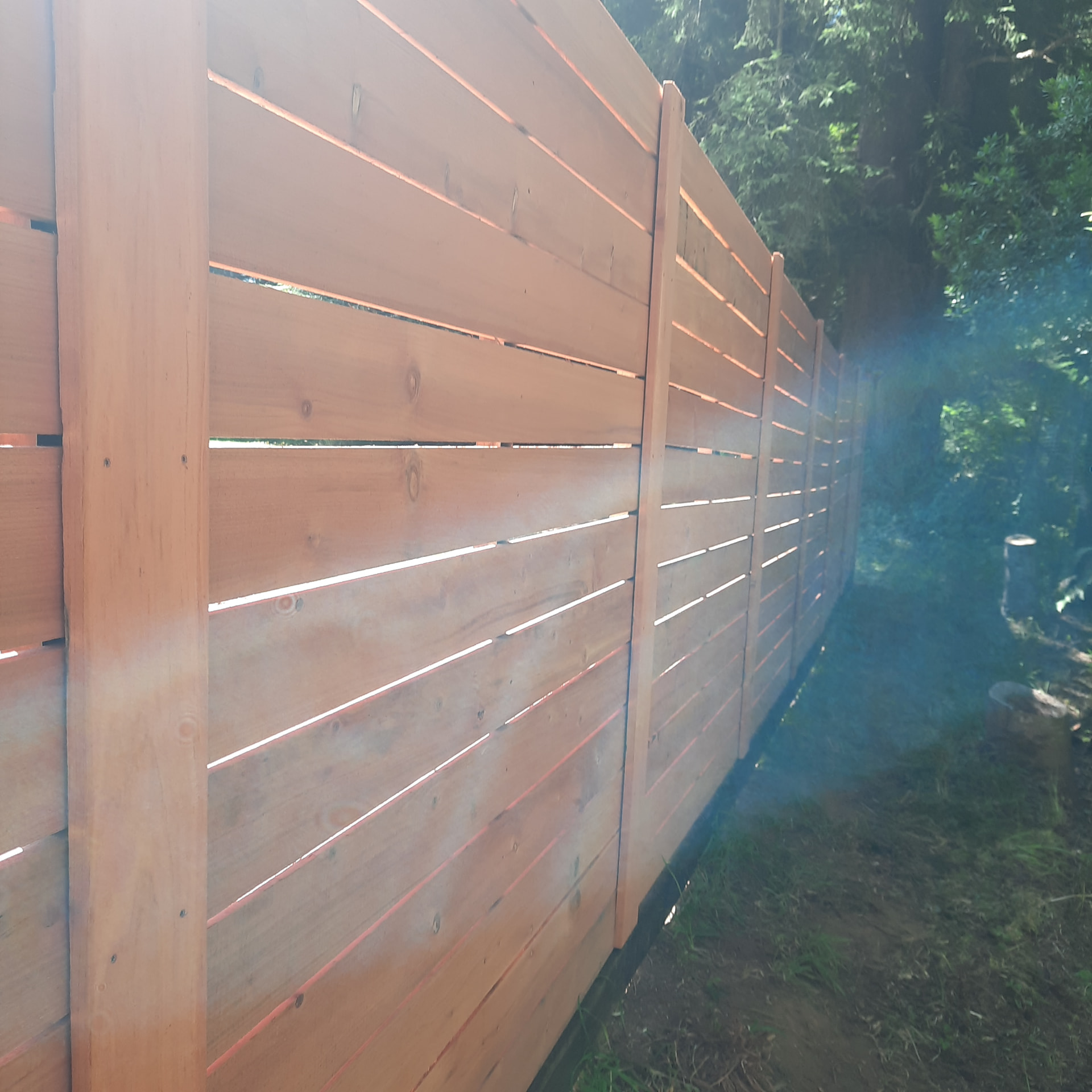 Horizontal redwood privacy fence running along a wooded property edge