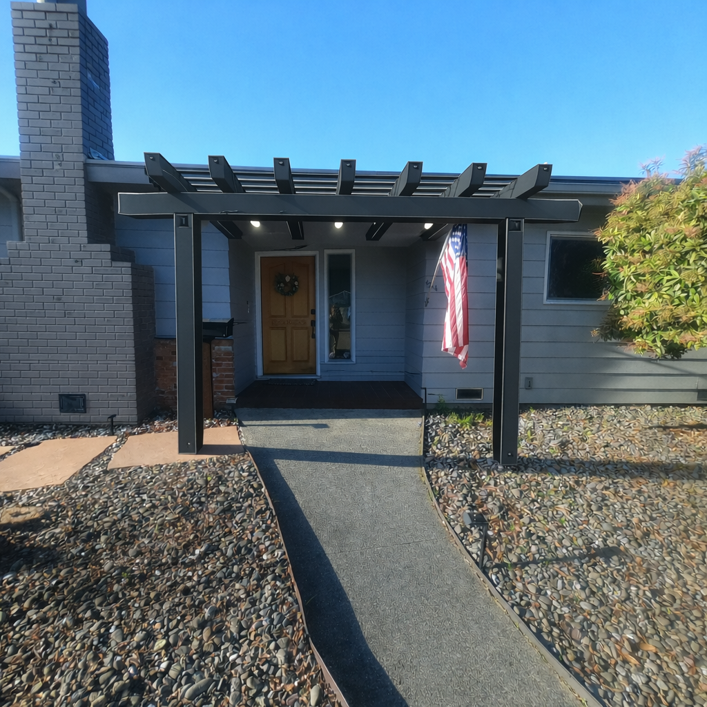 AI-assisted entrance concept showing a smaller dark pergola and a gray chimney.
