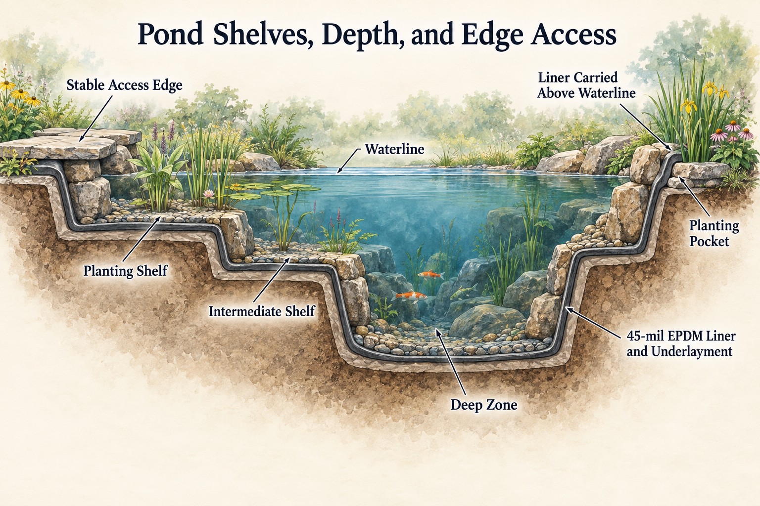 Pond cross-section showing a stable access edge, planting shelf, intermediate shelf, deep zone, planting pocket, waterline and continuous 45-mil EPDM liner over underlayment. Stone covers the vertical shelf faces and retains the shelf gravel.
