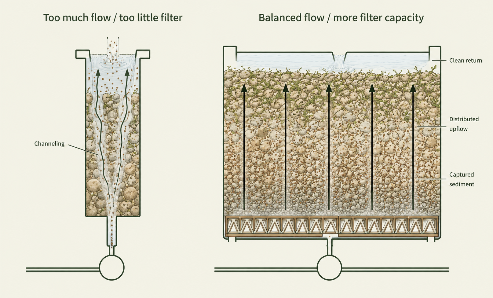 Side-by-side filter illustrations. Left tank labeled too much flow and too little filter shows water channeling through media. Right tank labeled balanced flow and more filter capacity shows evenly distributed upflow, captured sediment, and a clean return.