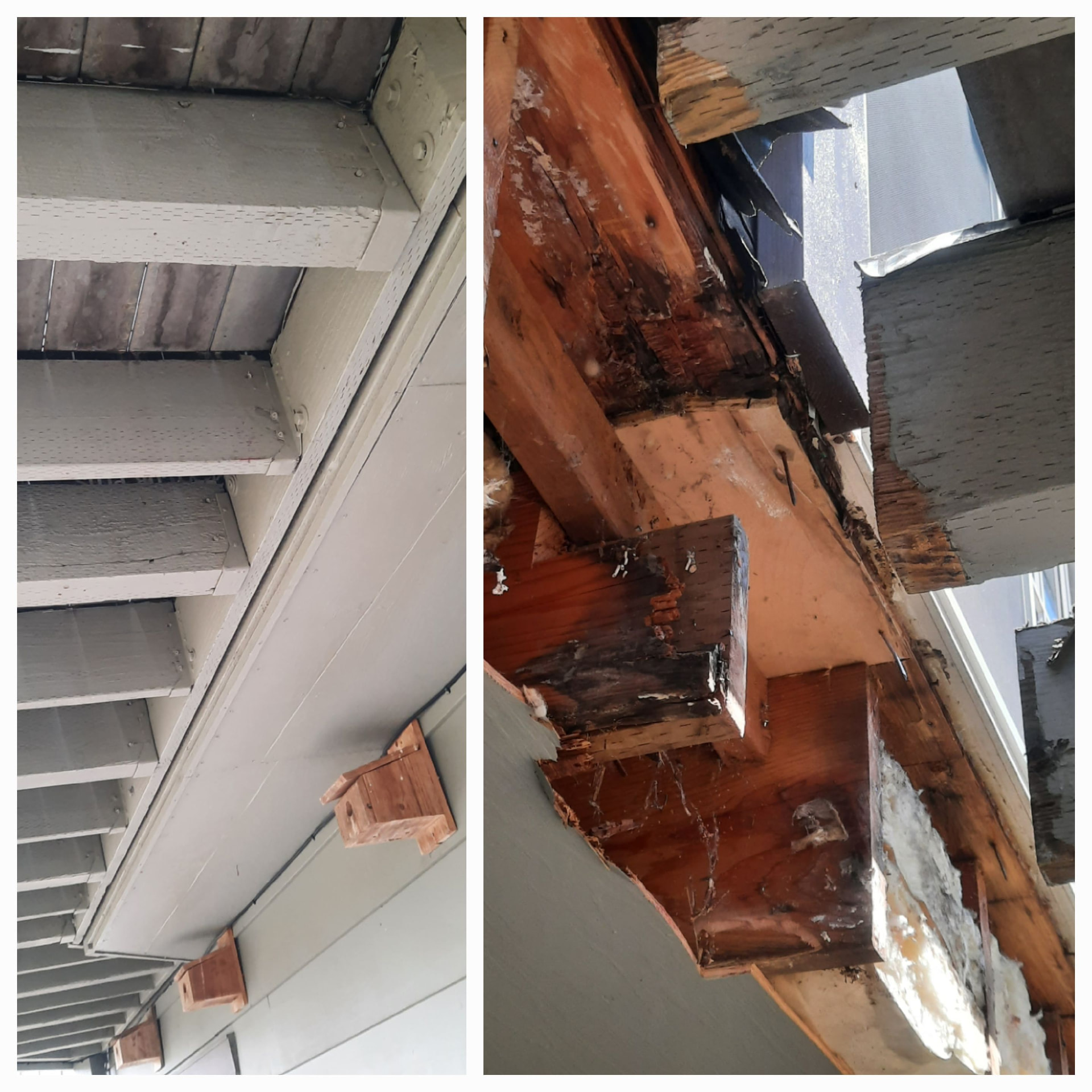Two photographs of deck framing: at left the repaired framing and support, at right deterioration exposed during deeper assessment.