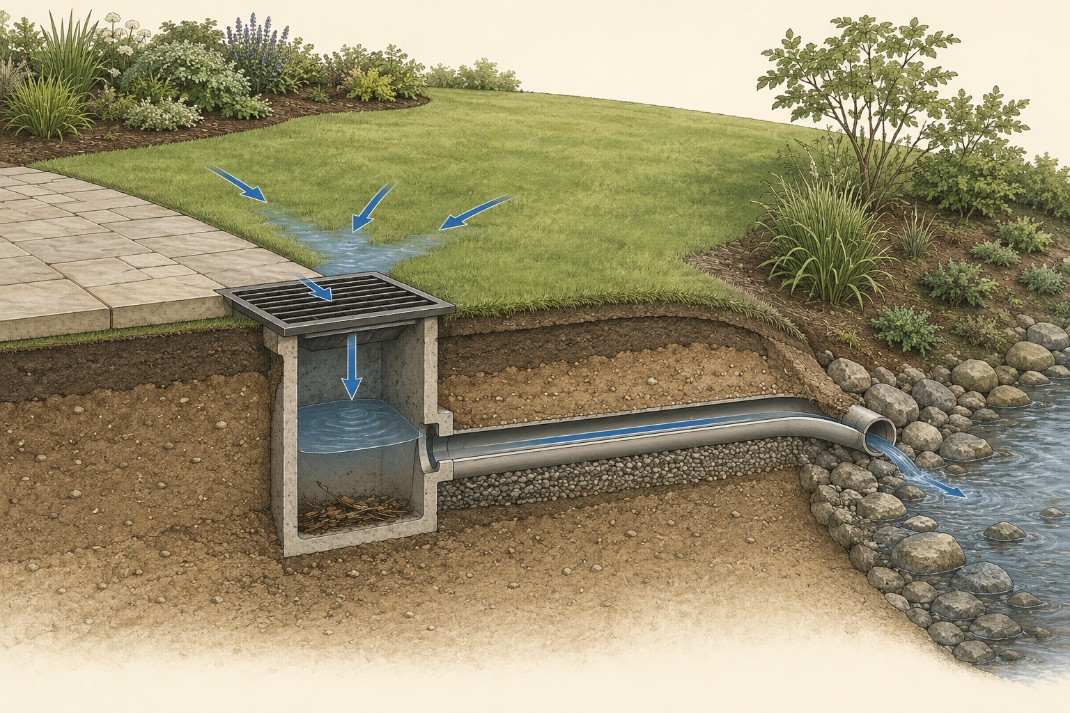 Cutaway illustration of a grated catch basin beside a paved patio, with sediment settling in the sump and solid pipe carrying water to a rock-lined outlet