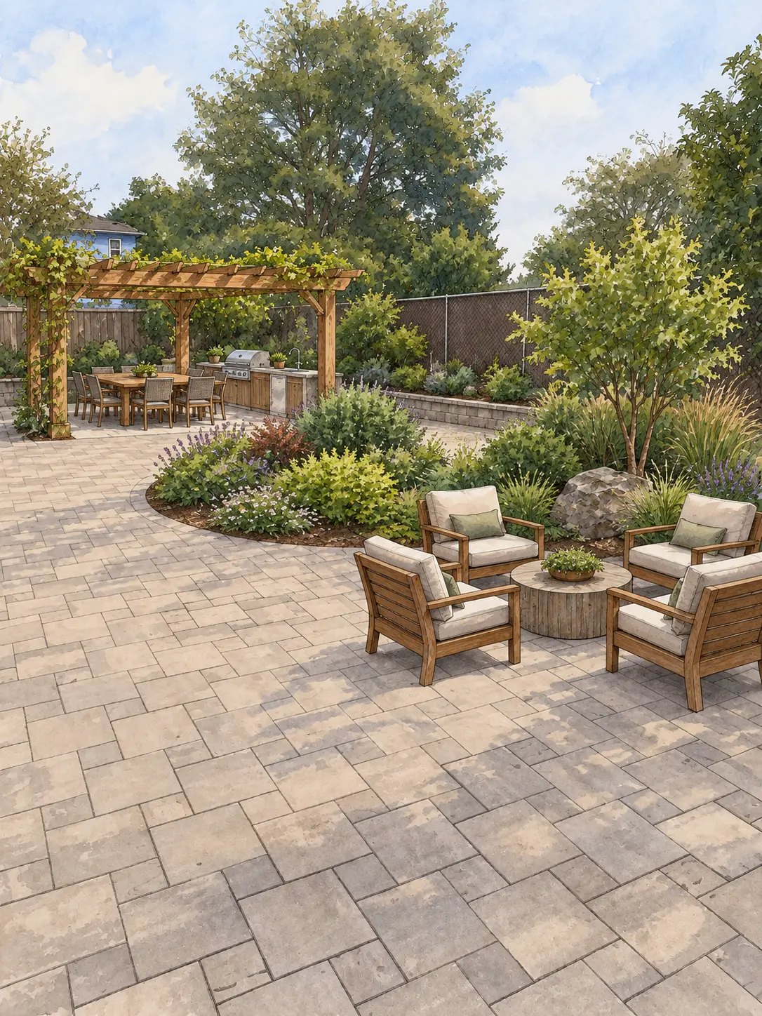 Watercolor-style concept rendering of the same paving divided into a pergola dining area and a small seating nook with a fire pit, separated by a curved planting bed.