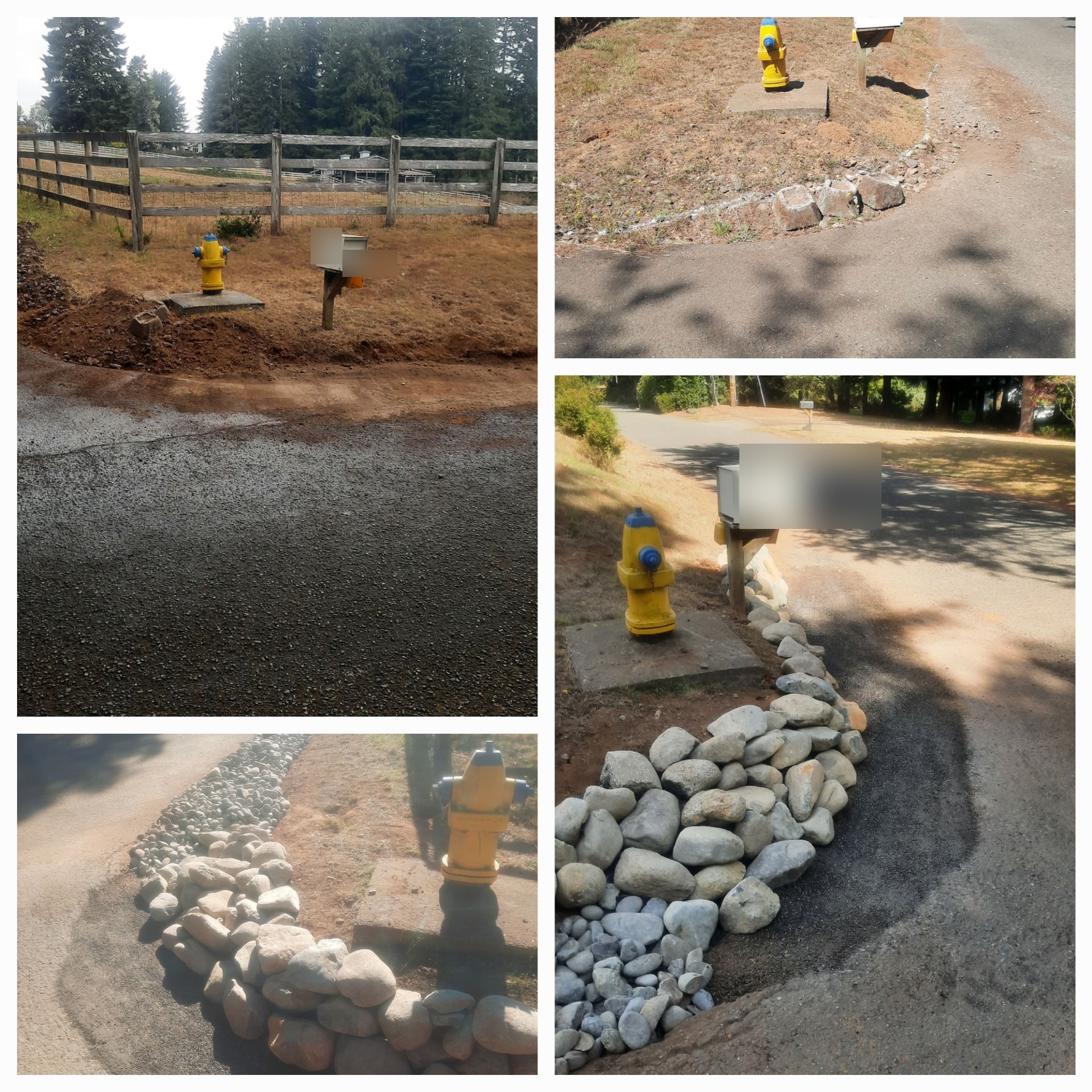 Collage of the roadside mailbox area before and after a border of pale stones was placed.