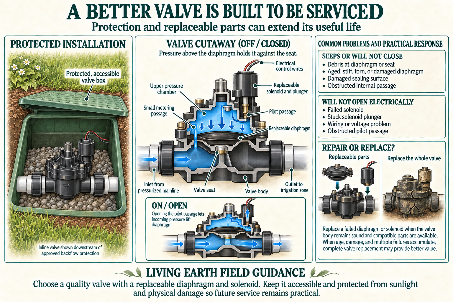 Irrigation control valve illustration showing a protected valve box installation, a cutaway of the closed and open valve with its diaphragm and solenoid, and common problems with practical repair-or-replace considerations.