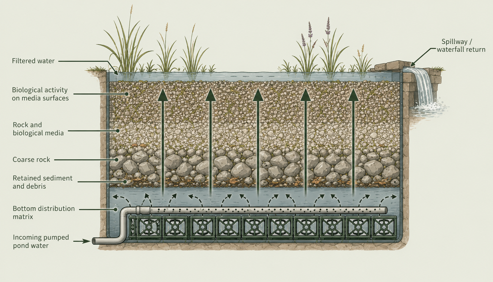 Detailed cross-section of a filter basin showing incoming pumped pond water entering a bottom distribution matrix, retained sediment, coarse rock, rock and biological media with upward flow arrows, marginal plantings on top, and filtered water leaving over a spillway.