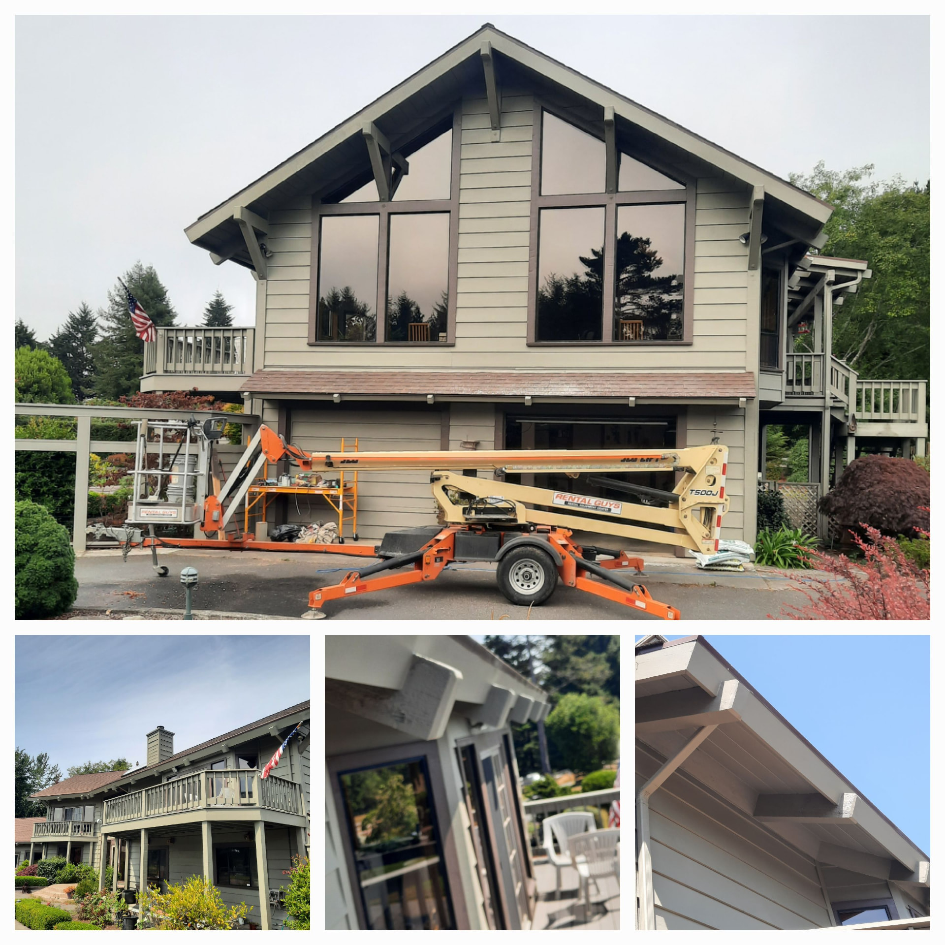 Collage showing the house during lift-access work and finished roofline details.