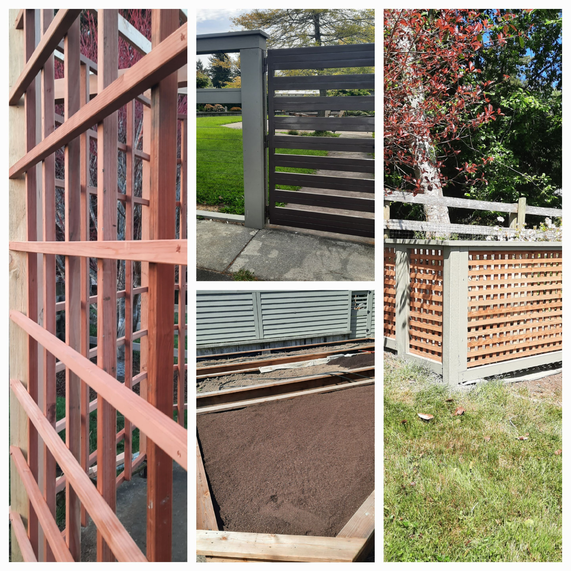 Collage of redwood framing, a dark horizontal gate, raised-bed construction, finished garden lattice, and part of the gazebo rebuild.