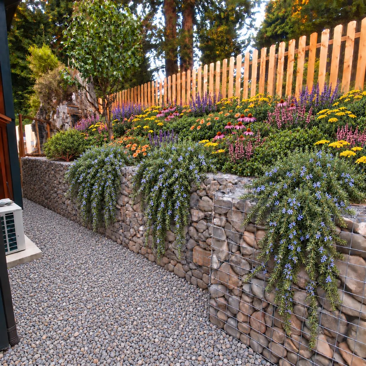 Concept rendering of the gabion wall with trailing plants spilling over it and flowering perennials filling the slope above.