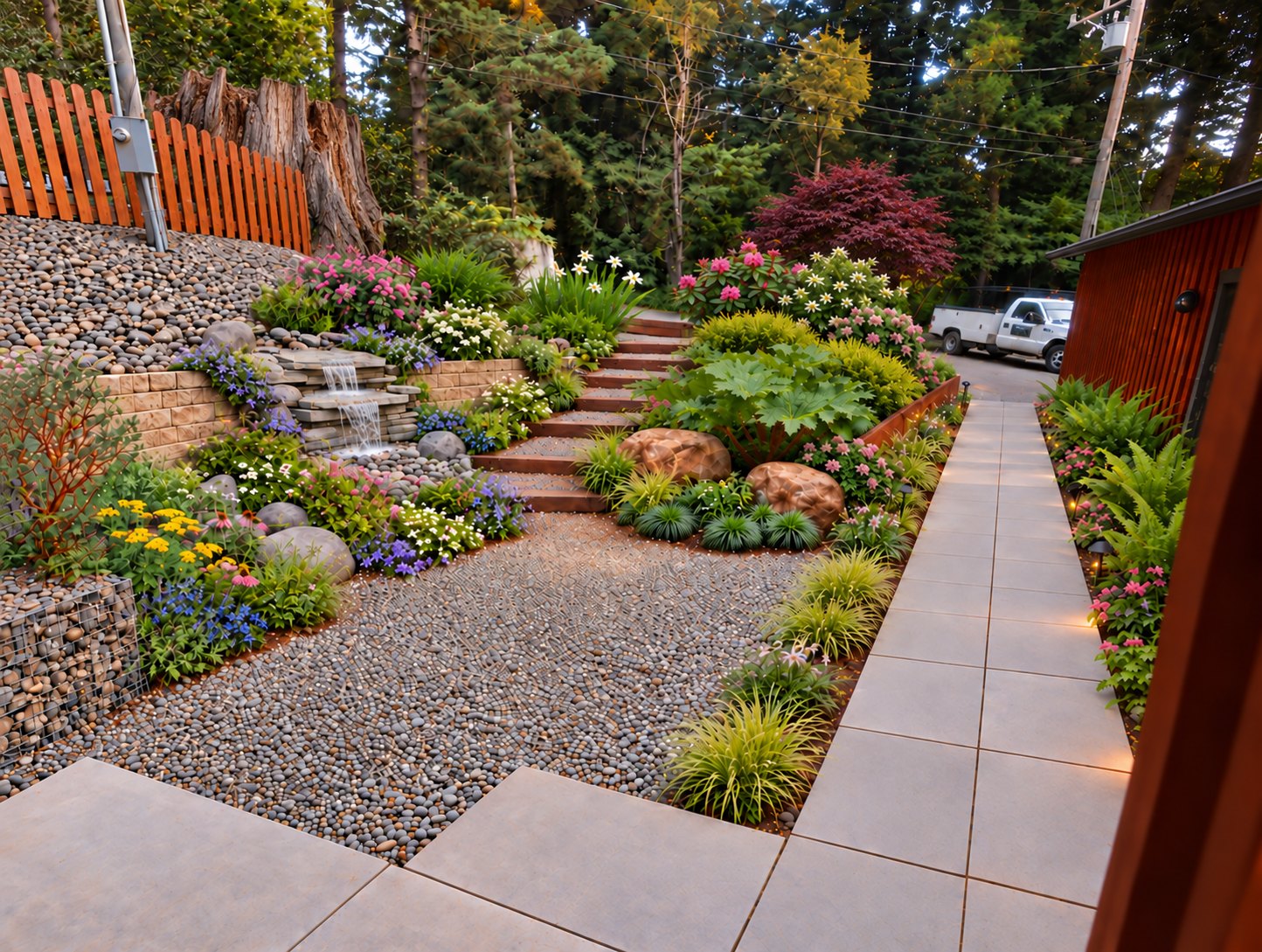 Concept rendering of the same approach with a paved walkway, pebble courtyard, steps, a small cascading water feature, and layered planting.