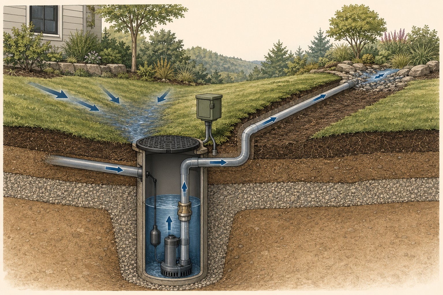Cutaway illustration of a buried sump basin with a float-operated pump lifting collected water uphill through discharge pipe to a rock-lined outlet