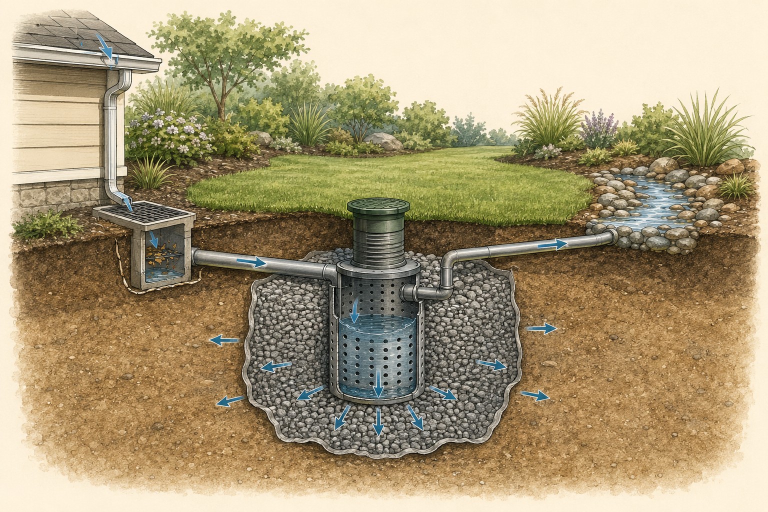 Cutaway illustration of a downspout feeding a catch basin and buried perforated dry-well chamber surrounded by drain rock, with arrows showing water infiltrating the soil