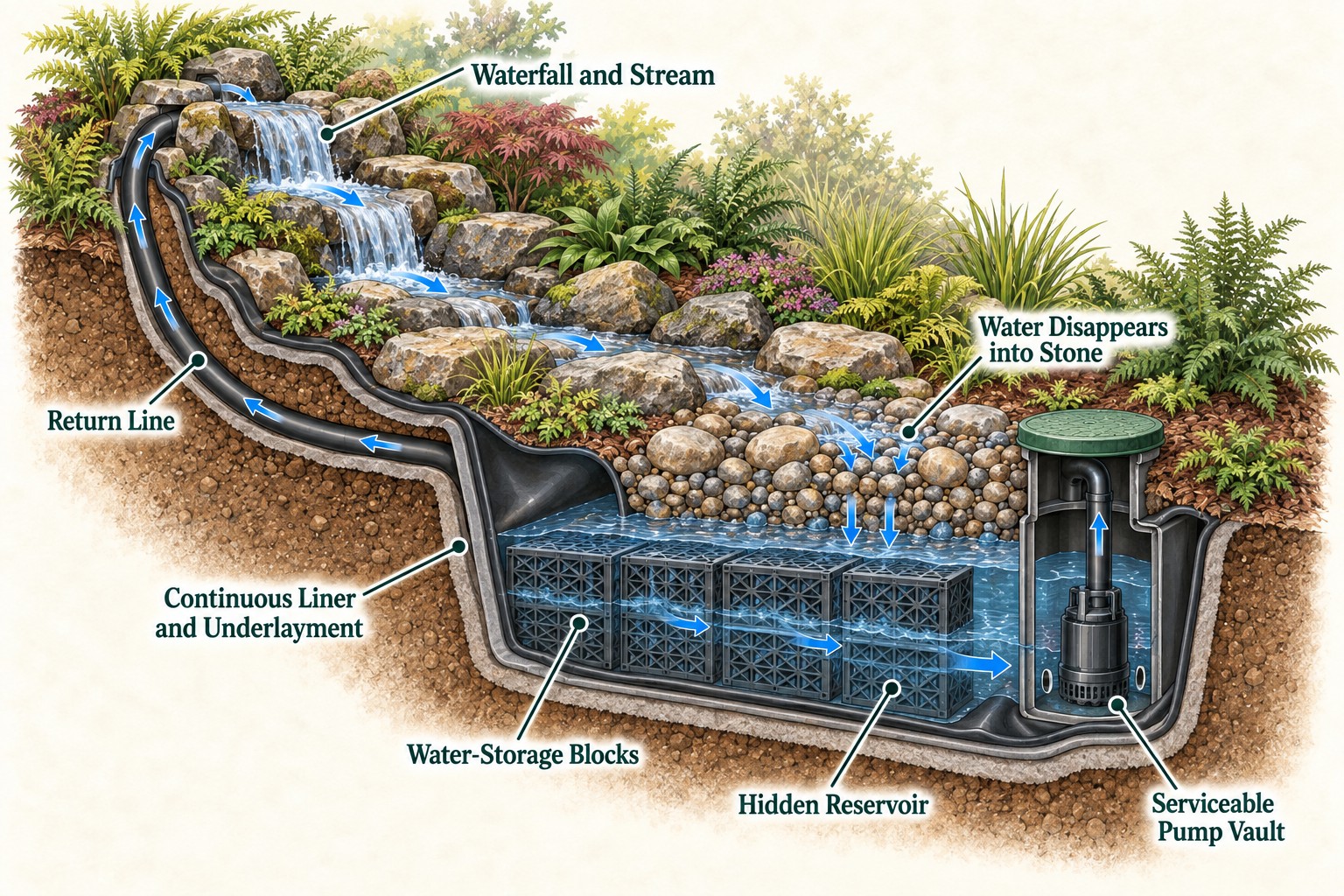 Cutaway illustration of a pondless waterfall showing the stream, stone-covered hidden reservoir, water-storage blocks, serviceable pump vault, return line, continuous liner and direction of water circulation.