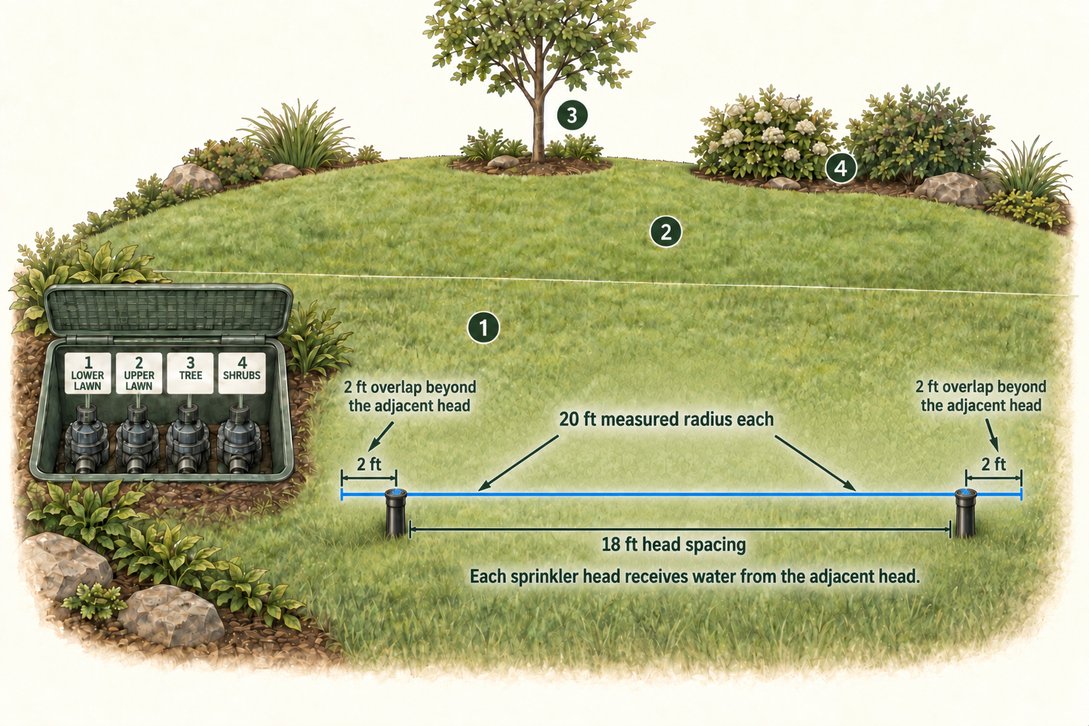 Technical illustration of sprinkler-head spacing, two-foot overlap, and separate lawn, tree, and shrub irrigation zones on a slope.