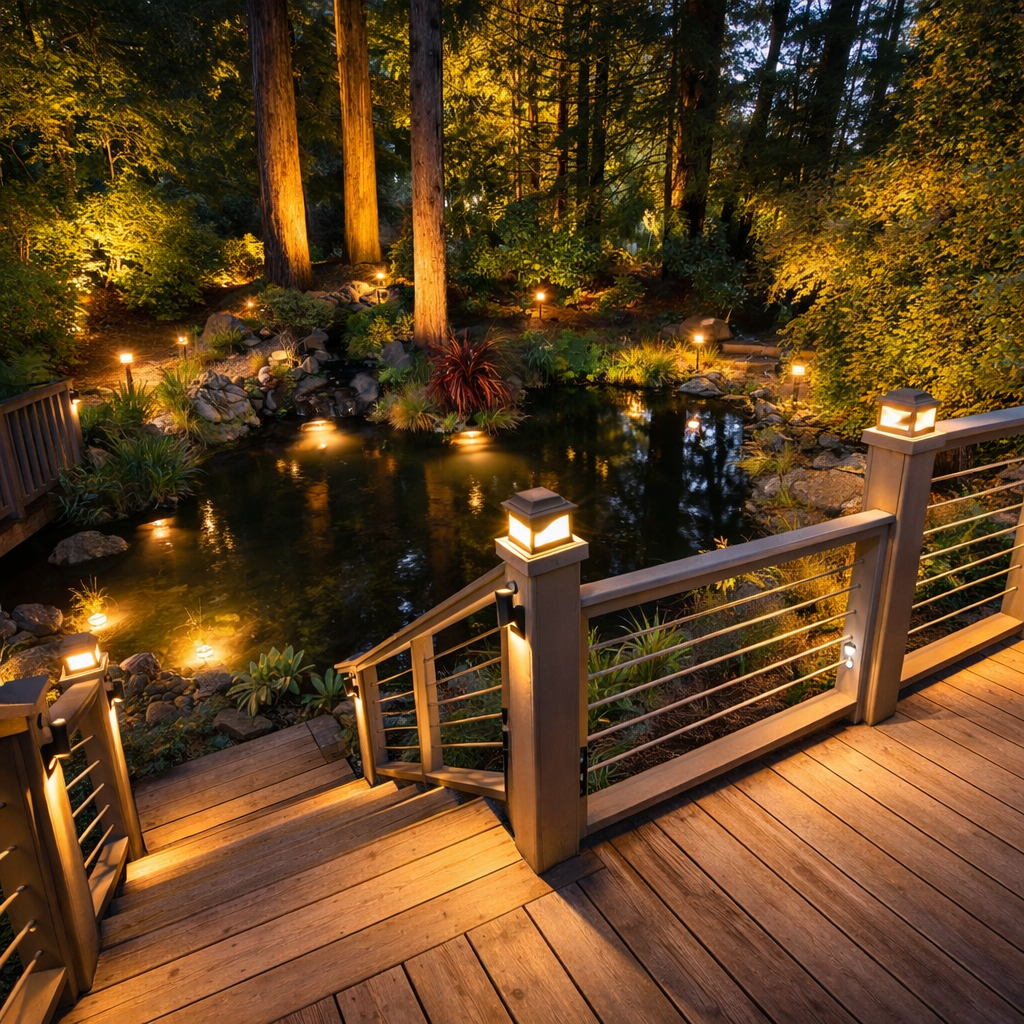AI-assisted pond and deck concept with warm landscape lighting, cable railings, and illuminated post caps.