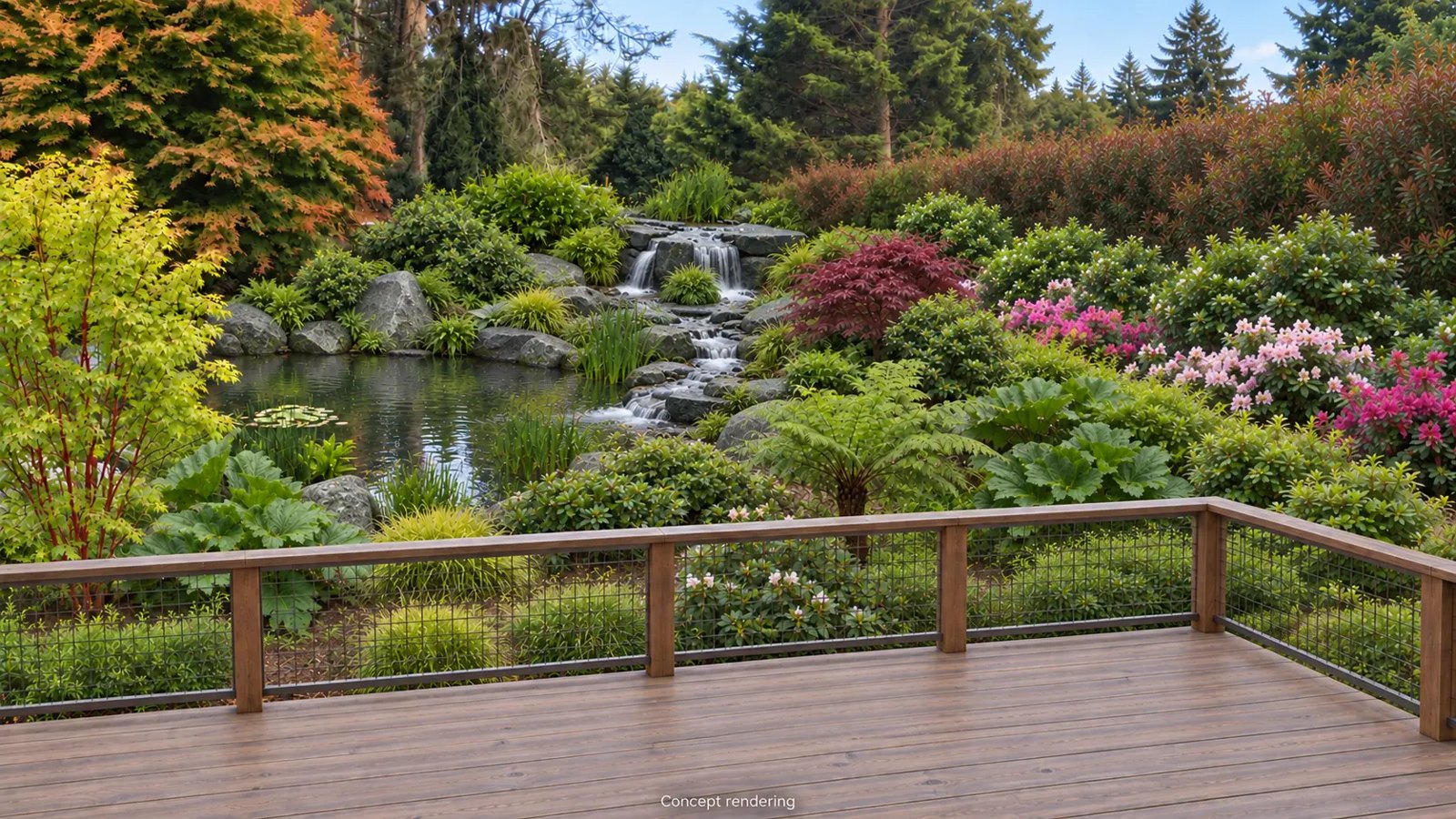 Concept rendering of a pond and stepped waterfall surrounded by layered planting, seen from a wood deck with wire-panel railing.