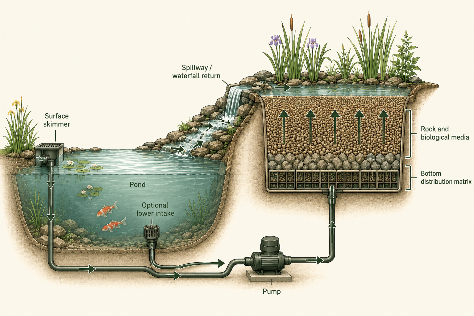 Cross-section illustration of a pond with surface skimmer and lower intake feeding a pump, which delivers water to a bottom distribution matrix under a rock and biological media filter basin that returns water over a spillway and waterfall.