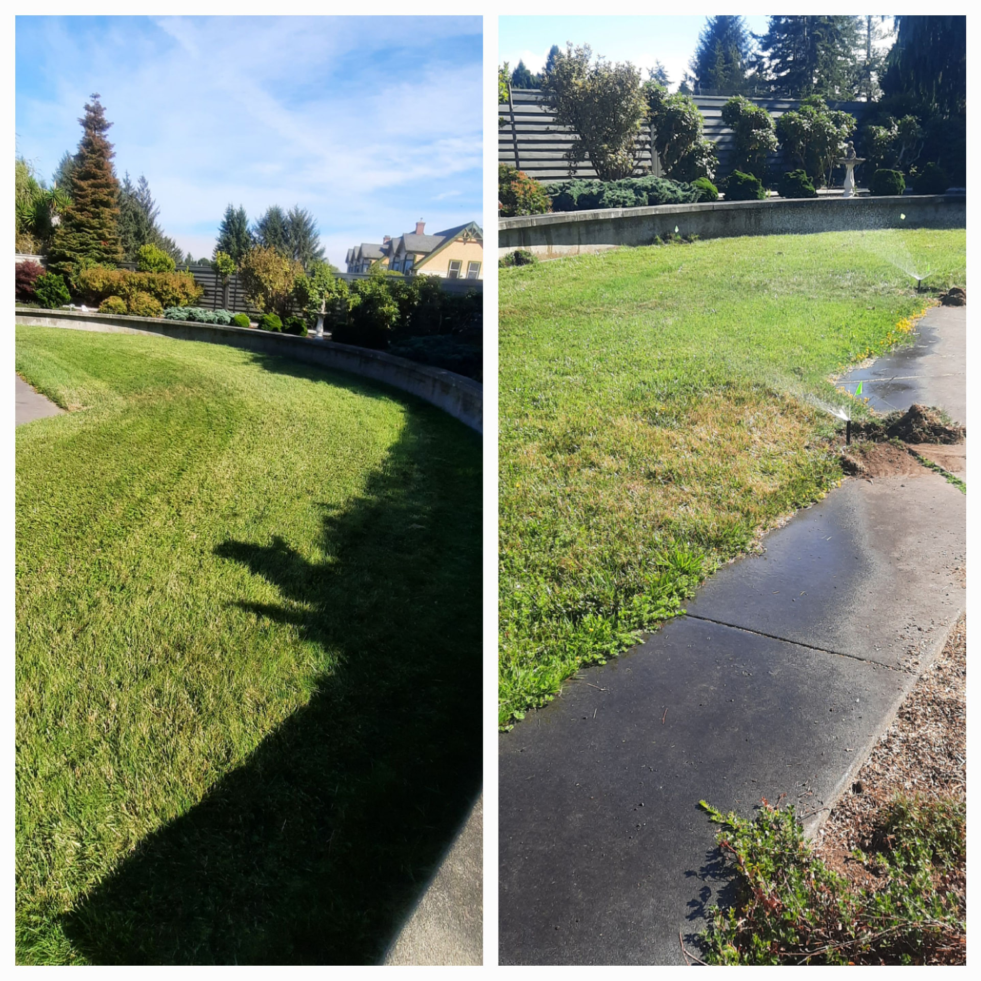 Collage showing lawn conditions and irrigation work across the property.